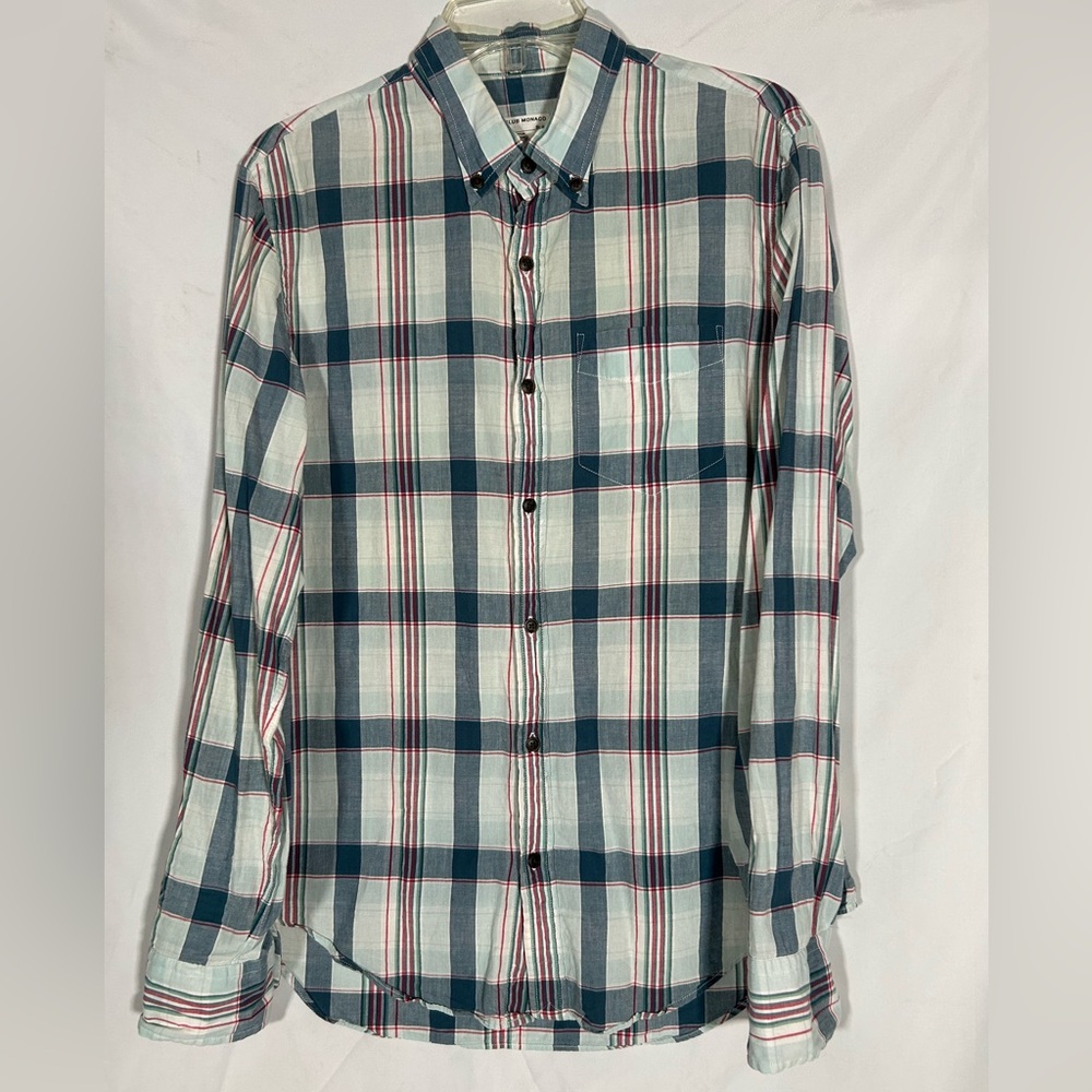 CLUB MONACO SLIM FIT BLUE RED STRIPED LONG SLEEVE DRESS SHIRT MENS MEDIUM